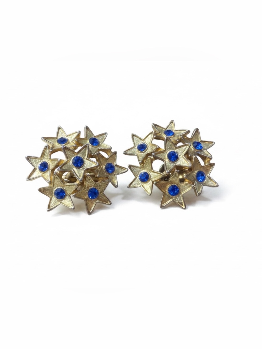 Vintage Gold Tone Blue Rhinestone Star Cluster Clip On Earrings Celestial